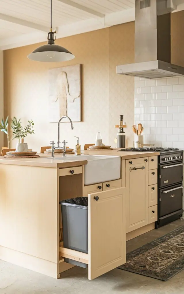 A photo of a Scandi-style kitchen with a large, fully furnished island. The island has a pull-out bin under the sink for trash. It contains a sink, a stove, a microwave, and a few cabinets. The background is a beige patterned wall with a wall art. The lighting is warm and mild. The floor has a rug.