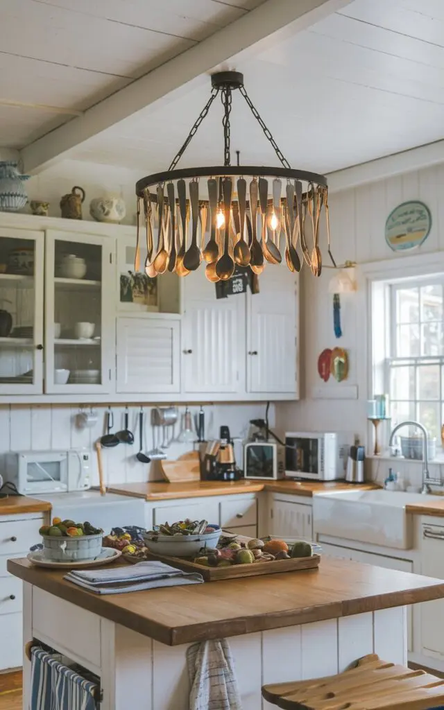 A photo of a coastal cottage-style kitchen with a chandelier made of forks and spoons. The kitchen has white cabinets, a wooden countertop, and a few kitchen appliances. Hanging above the kitchen island is a chandelier made of forks and spoons. Chandelier lighting brightens the room, no natural light.