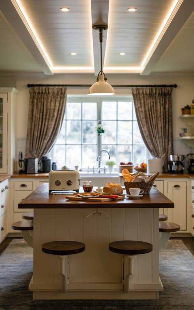 A photo of a farmhouse kitchen with an island in the center. The island has four individual seats attached to it. On the countertop, there's a breakfast spread with a toaster, a pot of jam, a basket of bread, and a cup of coffee. The ceiling has LED lighting and a hanging pendant light. The window has thick curtains fully-closed. The lighting is provided by the LED lights and the pendant light. The floor has a rug.