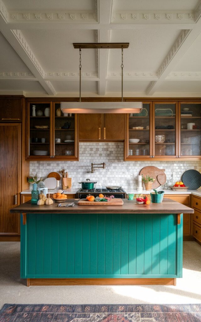 A photo of a farmhouse with a mid-century modern alder kitchen. The kitchen has alderwood cabinets and an emerald green kitchen island with brown and emerald green tones. The kitchen is fully furnished with kitchenware and has a backsplash that complements the kitchen island. The ceiling has detailing, and the island has a linear pendant light. The island has essential cooking items, decor, a cutting board with veggies, etc. The natural lighting of the room is dull, but the bright light from the pendant light illuminates the space. The floor has a contrasting patterned rug.