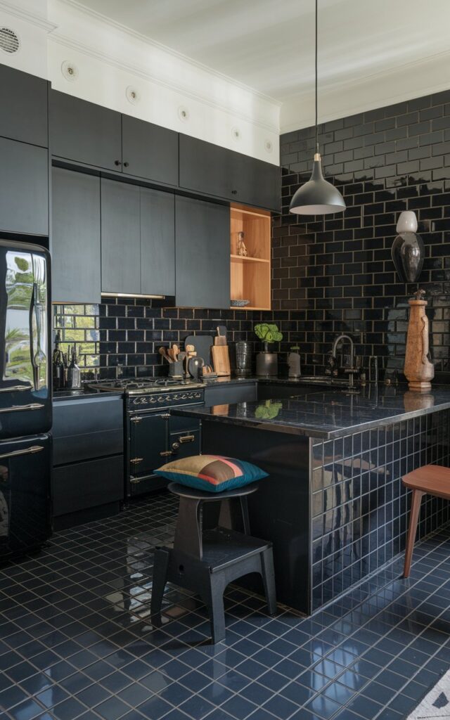 A photo of a fully-furnished art deco modern black kitchen with matte black cabinets and glossy black tiles for texture variation. The kitchen features a black island with a marble countertop, a black stove, a black refrigerator, and a black sink. The glossy black tiles cover the floor. Walls have white + black backsplash. There is a black pendant light hanging over the island. The kitchen has a black stool with contrasting pillows, and a wooden chair. The room has a few decorative items, such as a black vase and a bronze sculpture.