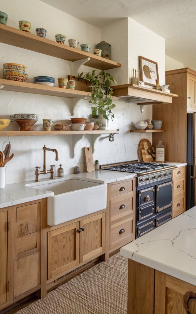 A photo of a fully-furnished farmhouse kitchen with alder cabinets and open shelves. The shelves have colorful patterned mugs, bowls, vintage decor, a few plants, etc. There is a white farmhouse sink with a bronze faucet. The countertops are made of white quartz with veining. There is a black and bronze stove with five burners and an oven below. A black refrigerator with a bronze handle is beside the stove. The cabinets and open shelves are arranged in a balanced manner. The floor has a woven rug. The overall ambiance of the kitchen is warm and inviting.
