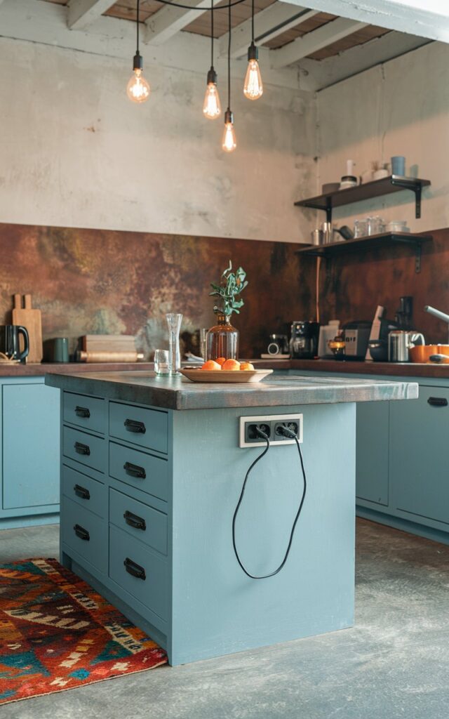 A photo of a fully-furnished industrial and minimalistic island. The island has a pop-up outlet strip for charging devices on the side. There is a cluster pendant Edison bulbs hanging from the ceiling. The kitchen walls have a rustic backsplash till the ceiling. The floor has a contrasting colorful rug.