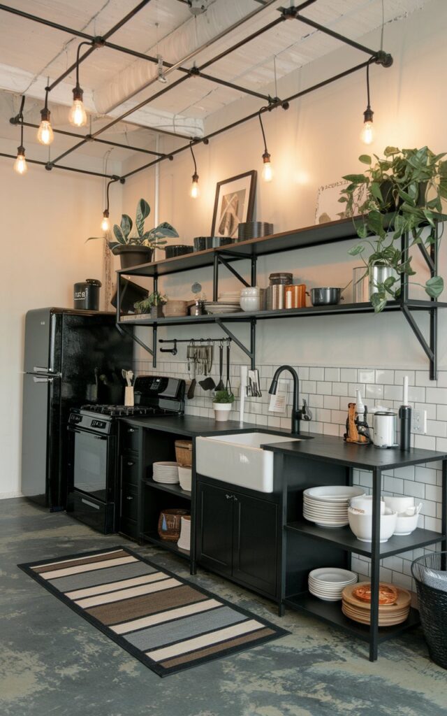 A photo of a fully-furnished industrial modern black kitchen. The kitchen has a black metal open shelving with kitchenware, plants, and decor. There is a black counter with a white sink, black faucet, and white wallpaper. There is a black fridge and a black oven. The ceiling has pendant Edison bulbs for lighting. The floor is made of grey concrete with a contrasting rug.