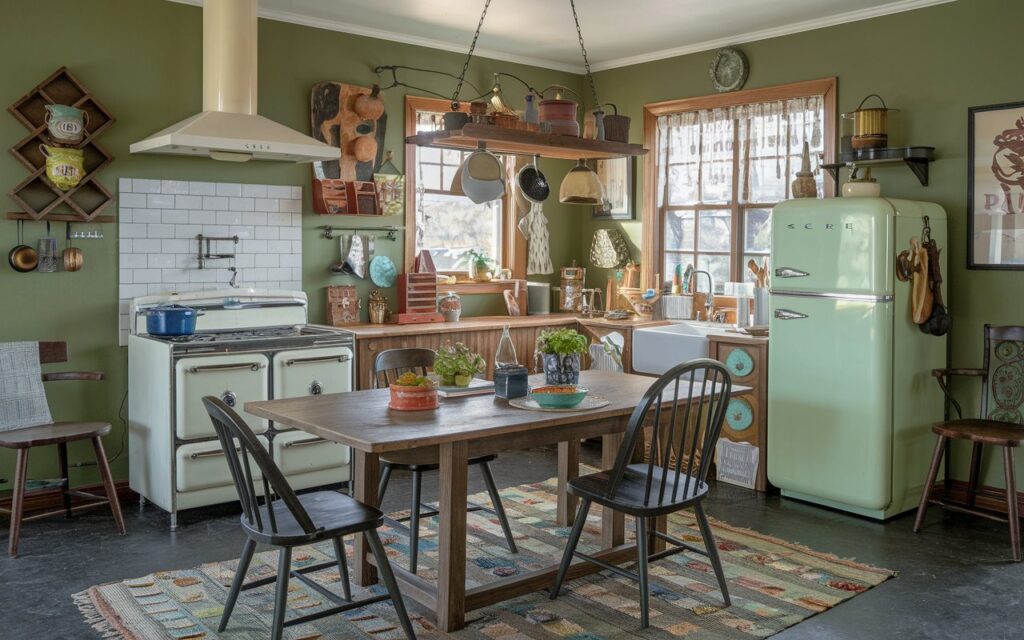 A photo of a fully-furnished kitschy kitchen with a green wall, a wooden table, and various items like a retro stove, a vintage refrigerator, a pot rack, and decorative items. There are also chairs, a rug, and a few decorative items scattered around the room. The lighting is bright.