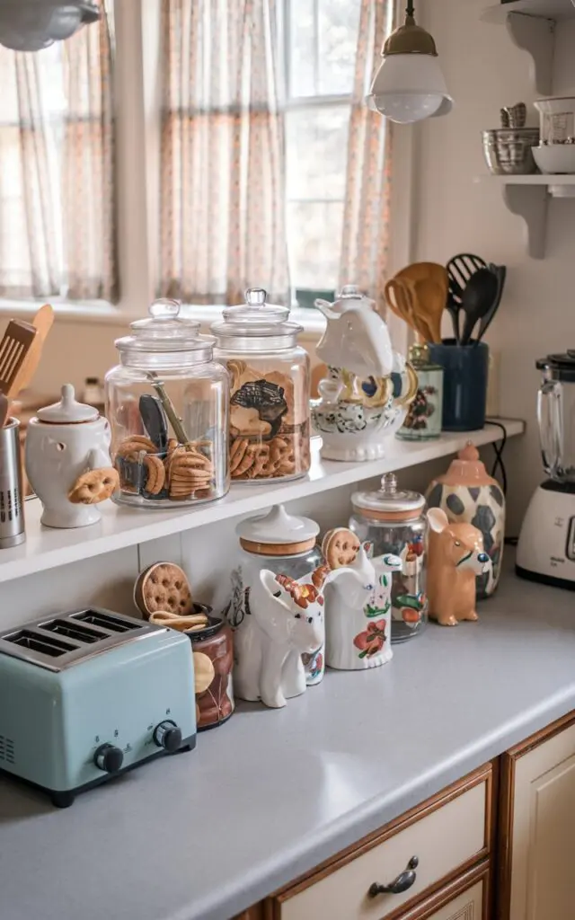 A photo of a kitschy kitchen with a countertop filled with vintage cookie jars. There are ceramic jars and animal-shaped jars, all filled with utensils, cookies, and decor. The countertop also has other essentials, like a toaster, a blender, and a few cooking utensils. Lighting is ambient, soft, and mild. Windows have curtains.