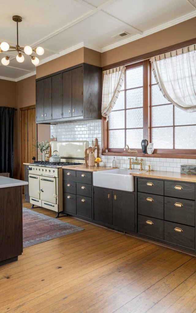 A photo of a mid-century modern alder kitchen with dark tone alder cabinets and light hardwood flooring. The kitchen has a large window with a wooden frame and frosted glass, which is closed with sheer curtains. There is a vintage stove, a sink, and a door. The cabinets have brass hardware, and essential kitchenware and a few decorative items are placed on them. The flooring has a few visible scratches and a rug. The walls are painted beige. The ceiling has detailing and a cluster chandelier with light on.