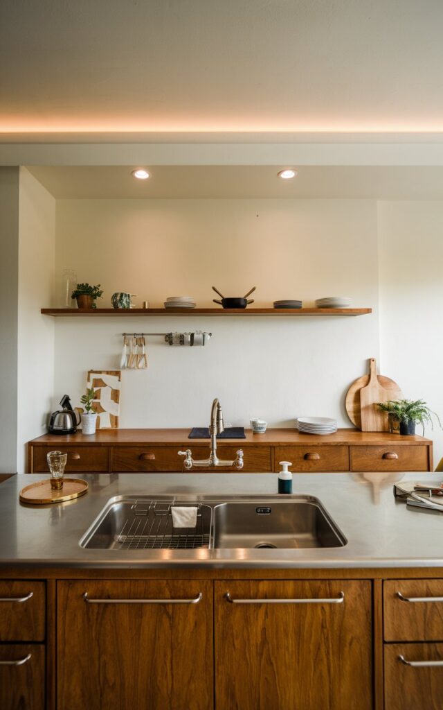 A photo of a mid-century modern kitchen with an island featuring a prep sink and other essentials. The kitchen is functional and furnished, with a false ceiling and hidden LED lights. The lighting is soft and warm.