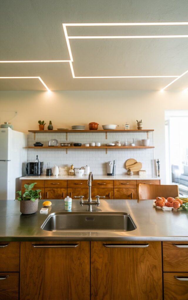 A photo of a mid-century modern kitchen with an island featuring a prep sink and other essentials. The kitchen is functional and furnished, with a false ceiling and hidden LED lights. The lighting is soft and warm.