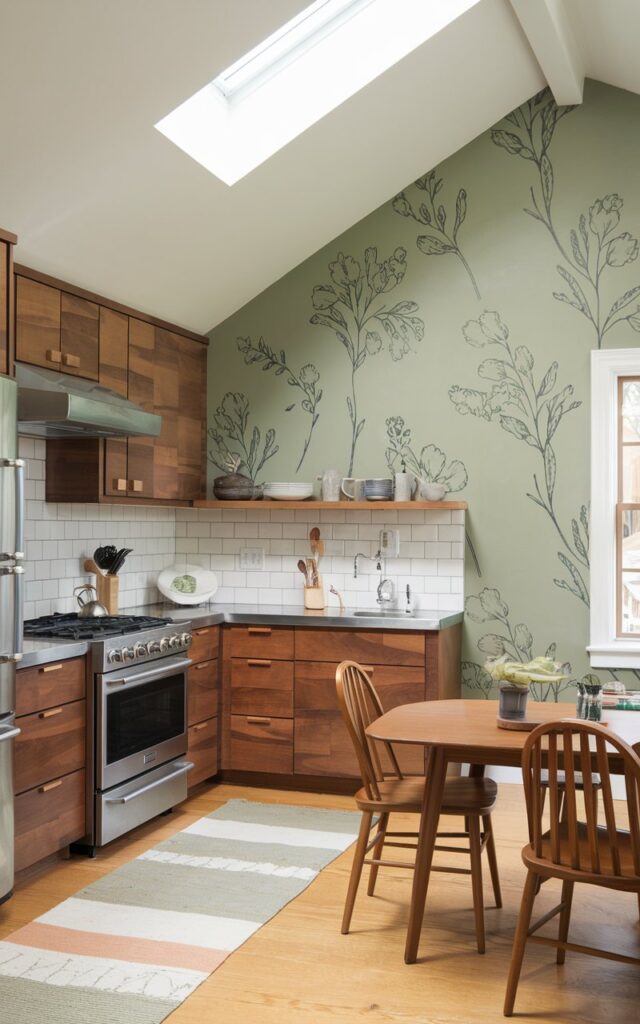 A photo of a modern cottagecore kitchen with walnut cabinetry and a simple, elegant floral green mural on the wall. The kitchen is fully furnished with essentials, including a stove, oven, fridge, and sink. There's a wooden table with chairs in the corner. Vaulted ceiling with a skylight.