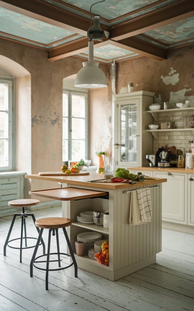 A photo of a modern kitchen with a shabby chic touch. There's an island with a retractable cutting board, a knife, vegetables, and other cooking essentials on top of the countertop. The kitchen has ambient lighting. The ceiling, walls, and floor have a shabby chic design. There are stools for seating.
