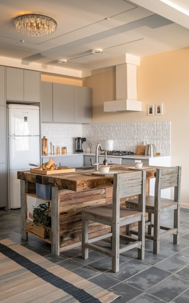 A photo of a modern minimalistic kitchen with a reclaimed wood island. The island has a rustic look and is fully furnished with a sink, a stove, and a few items. There are two chairs made of reclaimed wood near the island. The kitchen has grey cabinets, a white refrigerator, and a white counter with a textured backsplash. The floor is made of gray tiles with a contrasting rug. The ceiling has a chandelier. The natural light soft, warm.
