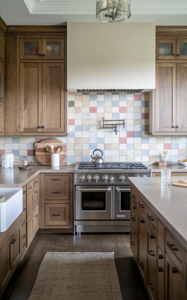 A photo of a modern minimalistic kitchen with an eye-level shot view. The kitchen has alder cabinets with shaker-style doors. There is a colorful backsplash behind the stove. The countertops are made of a light-colored material. There are a few items on the countertops, including a stove, kettle, wooden spoon, and a glass. The floor is made of dark wood and has a rug. There is a tray ceiling with a chandelier. The natural light is dull.