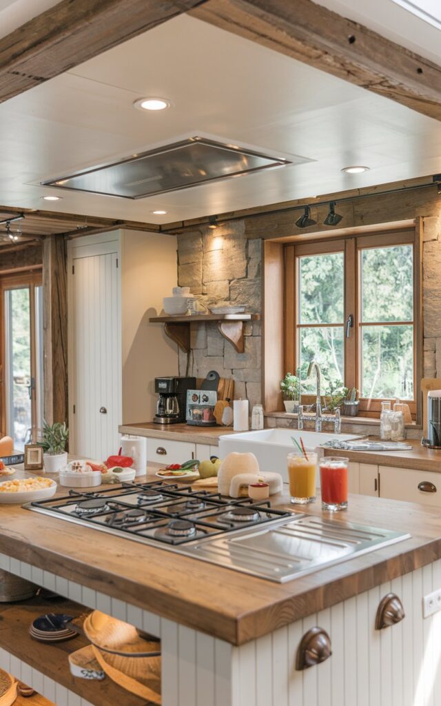 A photo of a modern rustic kitchen with an island. The island has a cooktop with a stove on it, a sink, few bowls, food, and drinks. The island ceiling has a built-in hood and lights. The kitchen has wooden elements, white cabinets, and a stone backsplash. There is a window near the sink with greenery outside. The focus is on the cooktop.