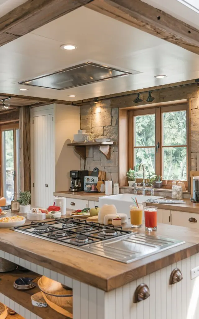 A photo of a modern rustic kitchen with an island. The island has a cooktop with a stove on it, a sink, few bowls, food, and drinks. The island ceiling has a built-in hood and lights. The kitchen has wooden elements, white cabinets, and a stone backsplash. There is a window near the sink with greenery outside. The focus is on the cooktop.