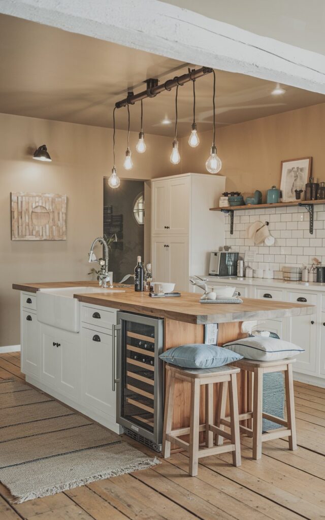 A photo of a modern rustic kitchen with an island. The island has a wine fridge, a sink, and a few essentials. There are Edison bulbs for lighting. There are stools with pillows for seating. The kitchen has a wooden floor, rug, and white cabinets. The walls are painted beige. No natural light, it is night time.