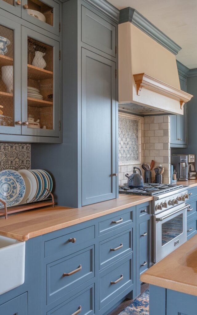 A photo of a traditional + modern chic alder kitchen with matte blue finish cabinets. The cabinets are a mix of traditional and modern styles, with some having raised panels and others having a flat front. The cabinets are arranged in a galley kitchen layout, with a sink and stove on one wall and cabinets on the opposite wall. The countertop has essential kitchenware. Ceramic Plates are placed on a rack near the sink. The cabinets have a matte blue finish, which contrasts with the light-colored countertops and backsplash. The backsplash has a decorative tile pattern. The photo is taken from a closer view, focusing on the cabinets and their matte finish. Floor has contrasting patterned rug.