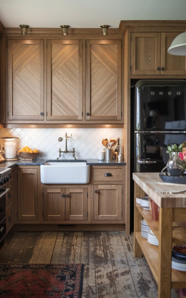 A photo of a traditional, rustic, and chic fully-furnished kitchen with alder cabinets and herringbone panels. The lighting focuses on the panels. There is a white farm sink, a black Smeg refrigerator, and a butcher block island with essential items on it. The floor is made of weathered oak and has a contrasting rug.