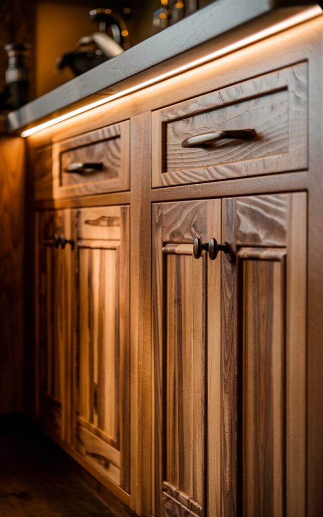 A photo of a rustic alder kitchen with under-cabinet lighting that highlights the natural wood grains. The lighting casts a warm glow on the cabinets and the countertop. The cabinets have a distressed finish and feature decorative hardware. The countertop is made of natural stone. There is a wooden cutting board with a knife on it. The background is dark.