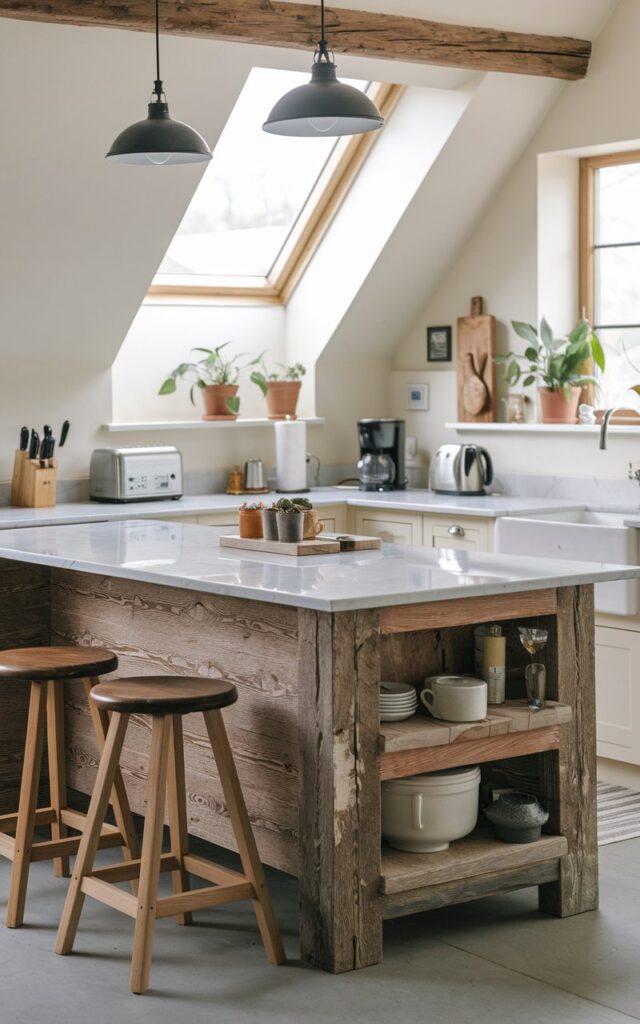 A photo of a rustic kitchen with an island having a rustic wooden base and a sleek marble countertop. The island has a seating area with two wooden stools. There are essentials on the countertop, including a toaster, a kettle, a coffee maker, and a few potted plants. The kitchen has a skylight and pendant lighting.