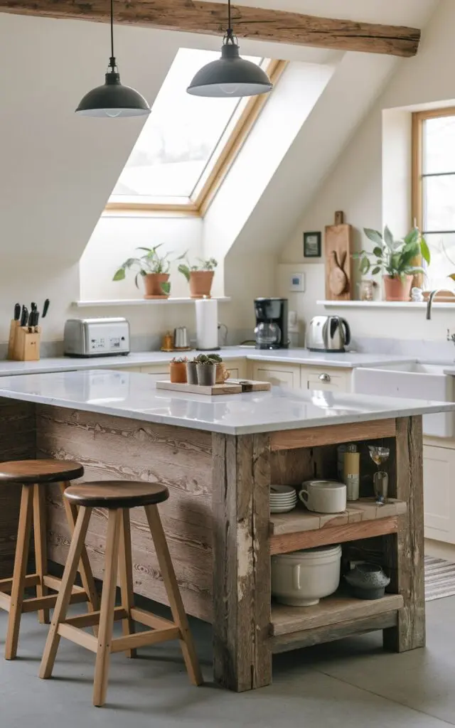 A photo of a rustic kitchen with an island having a rustic wooden base and a sleek marble countertop. The island has a seating area with two wooden stools. There are essentials on the countertop, including a toaster, a kettle, a coffee maker, and a few potted plants. The kitchen has a skylight and pendant lighting.