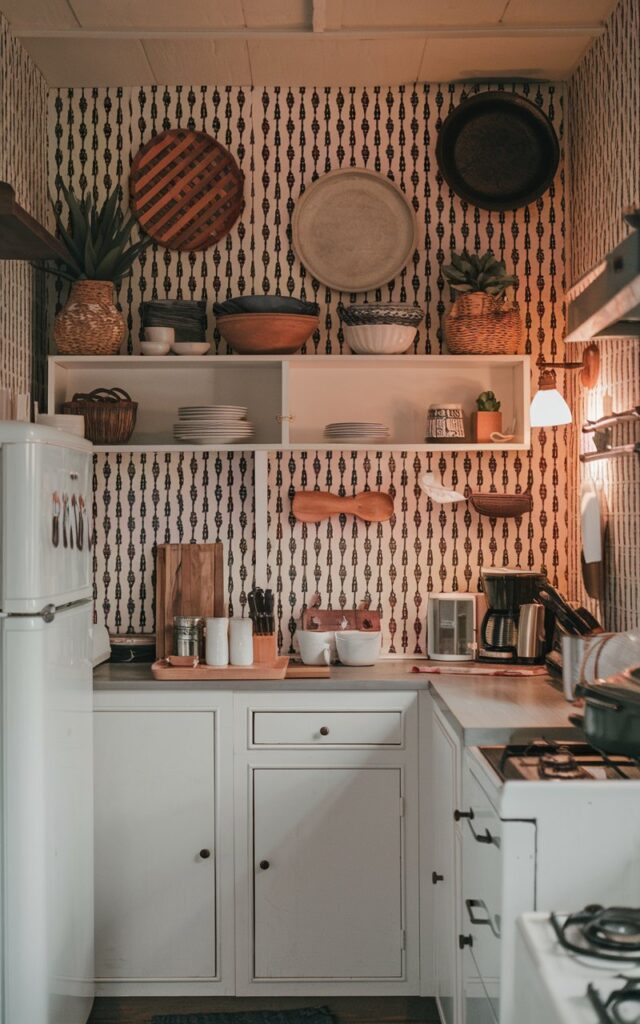 A photo of a rustic and minimalistic small galley kitchen. There are few items on top of the cabinets, including platters, bowls, decorative baskets, and faux plants. The walls have a bold print wallpaper. The kitchen is fully furnished, with appliances and a few cooking utensils. The lighting is warm and inviting.