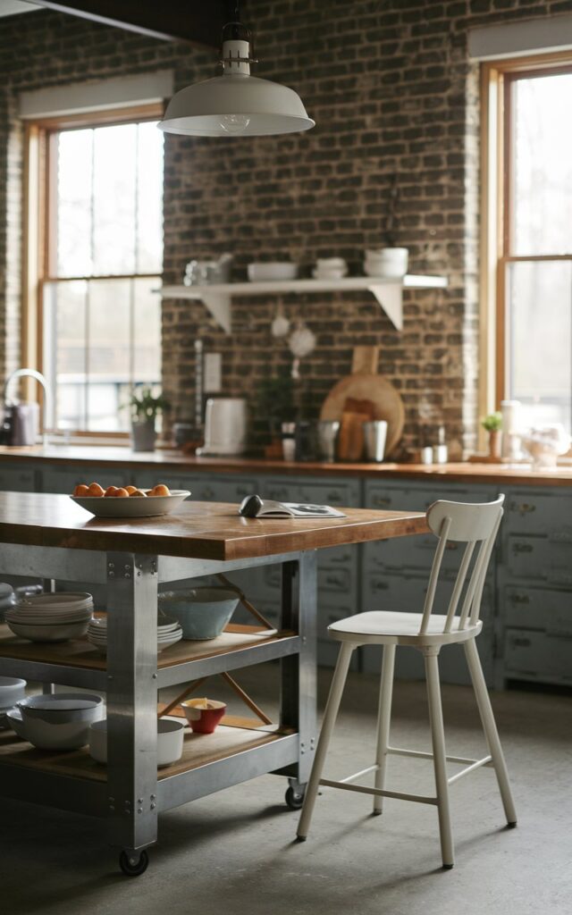 A photo of a rustic modern kitchen with a steel and wood island. The island has a wood top and steel legs. There's a white chair next to the island. The background has exposed brick walls and a hanging light fixture. The lighting is soft and diffused.