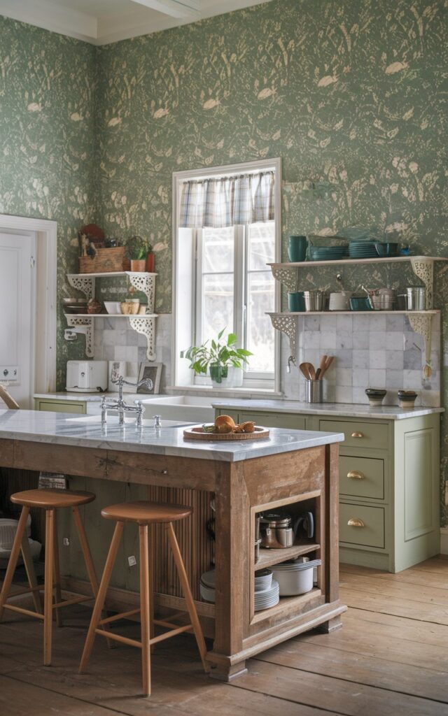 A photo of a rustic-style kitchen with green floral wallpaper. The kitchen has a wooden island with a marble countertop, which has a sink and wood stools. The kitchen counter is fully furnished with various cooking utensils. There is a window with a curtain in the background. The floor is made of wood.