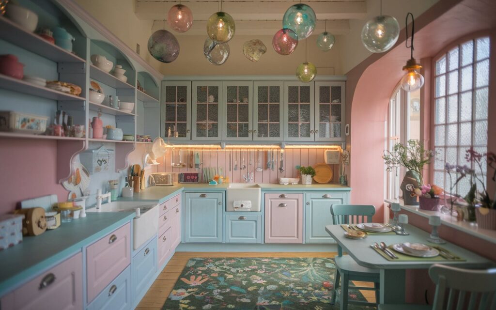 A photo of a whimsical kitchen with a shabby chic and English countryside style. The kitchen has pastel-colored cabinets, shelves, and a dining area with cutlery. The ceiling has multi-colored hanging glass orbs. The floor has a garden-themed rug. The lighting is warm and ambient.