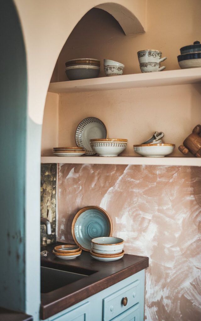 A photo of a small boho galley kitchen with an open shelf. There are a few ceramic, chinaware bowls plates, and cups on the shelf. The kitchen has a unique backsplash and a contrasting countertop. The image has a mid-shot view with soft, warm lighting.