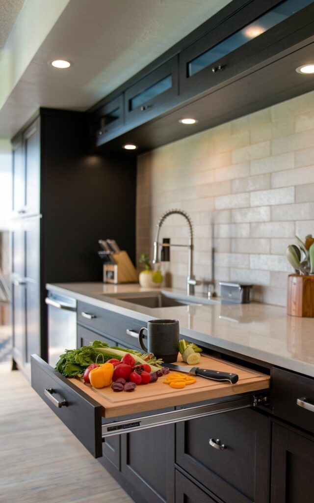 A photo of a small Southwestern galley kitchen with a slim pull-out cutting board. The cutting board is filled with various vegetables and a knife. There's a mug placed on the board. The kitchen has dark cabinets and a light-colored tiled backsplash. There's a recessed ceiling with LED lights.