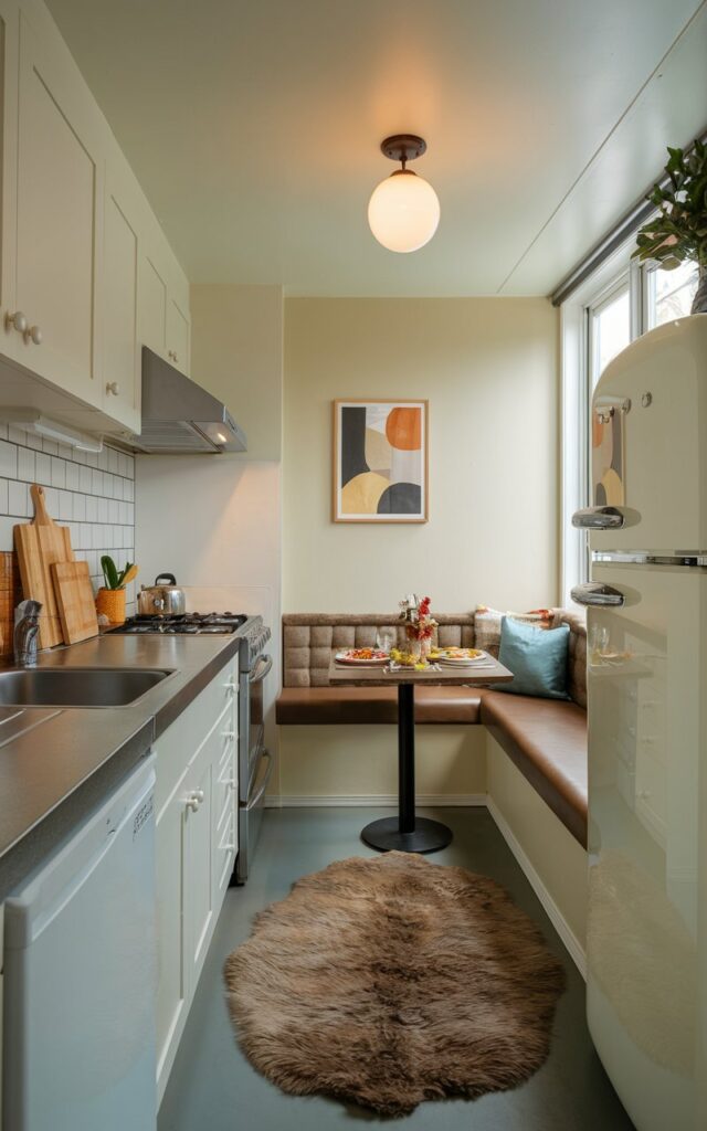 A photo of a small galley kitchen with a cozy dining nook. The kitchen has a sink, stove, and refrigerator. The dining nook has a built-in bench and a narrow table. There is a furry oval rug on the floor. The ceiling has a globe pendant light. The lighting is even and ambient. There is a dinner served on the table.