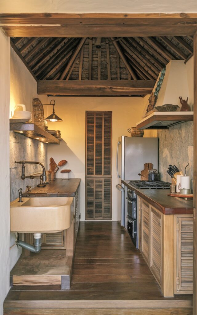 A photo of a galley kitchen with a rustic and Balinese touch. The kitchen has a small, single-basin sink with a vintage faucet. There is a wooden beam in the ceiling, and the floor is made of wood. The backslash is made of stone. There are cabinets and a countertop made of wood. There is a stove, refrigerator, and other appliances in the kitchen. The lighting is warm.