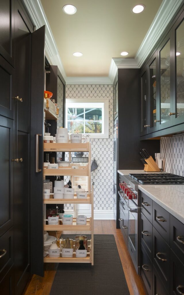 A photo of a small galley kitchen with dark cabinets and a pull-out pantry. The pantry has labelled containers. The backsplash is contrasting and patterned. The floor has a dark rug. The ceiling has recessed lighting.