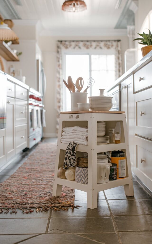 A mid-shot photo of a boho-style galley kitchen with a stool that also serves as storage. The stool has a few items inside it, including kitchen tools, linens, and pantry items. The floor is tiled and has a runner rug. The ceiling has a boho-inspired light.