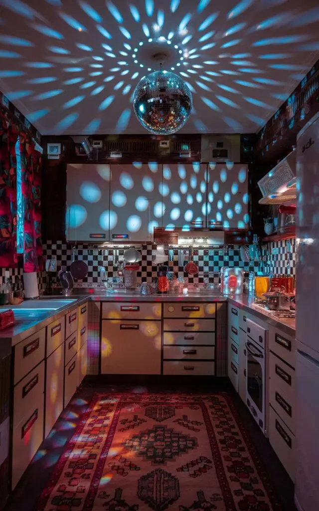 A photo of a kitchy kitchen with a disco ball hanging from the ceiling. The disco ball reflects light onto the walls, ceiling, furniture, and rug, creating a vibrant atmosphere. The room is dimly lit, with the only source of light coming from the disco ball. The walls are adorned with patterns and bright colors, and the furniture has a retro design. There's a rug with a floral pattern on the floor.