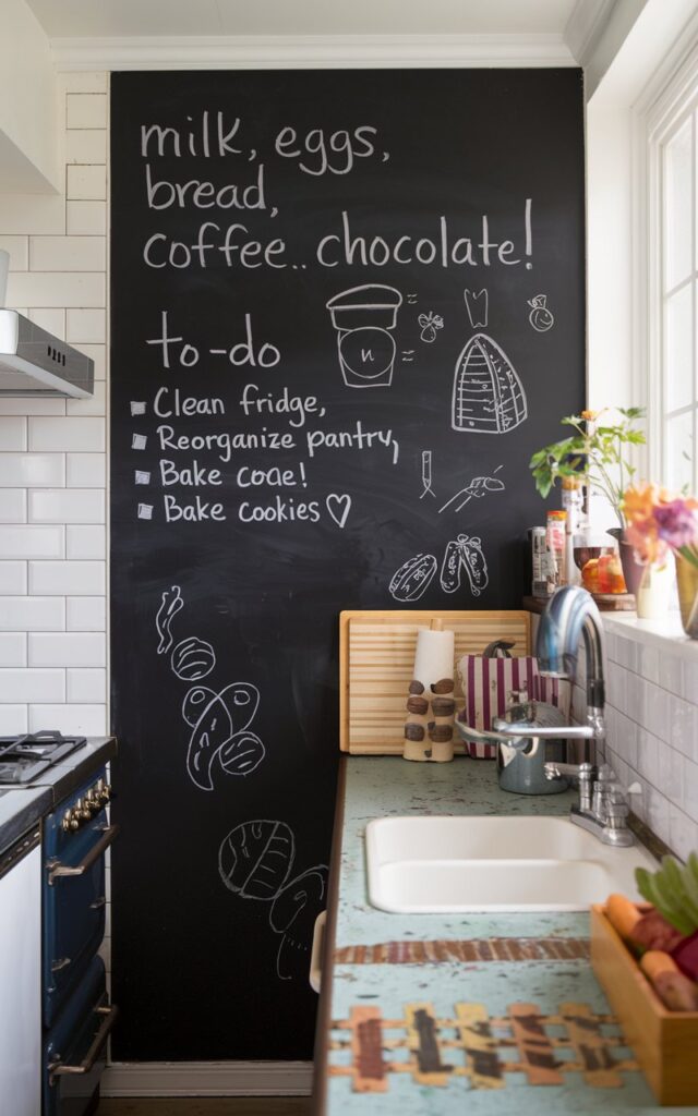 A photo of a small galley kitchen with a chalkboard wall. The wall has grocery lists written in chalk, including "Milk, Eggs, Bread, Coffee... and Chocolate!" There's also a to-do list with tasks such as "Clean fridge, reorganize pantry, bake cookies 🍪". The wall also has some doodles. The countertop has a unique texture and pattern. The kitchen is fully furnished, with a stove, oven, sink, and refrigerator.