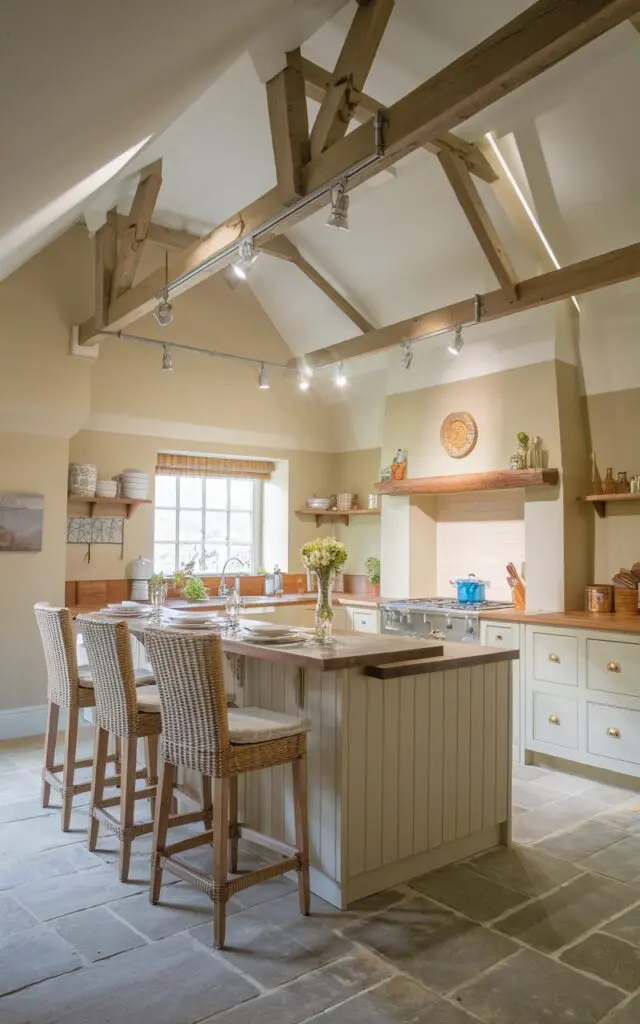 A photo of a fully-furnished English countryside kitchen with a kitchen island. There is a breakfast bar at the island. The kitchen has a vaulted ceiling with adjustable track lighting. The lighting illuminates the kitchen.