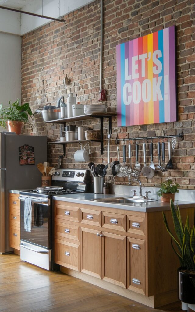 A photo of an industrial-style kitchen with alder cabinets against exposed brick walls. There is a colorful wall art with the text "Let's Cook!". The kitchen is fully furnished with a stove, oven, refrigerator, and sink. There is a countertop with a variety of cooking utensils. There are also plants on the countertop. The floor is made of wood.