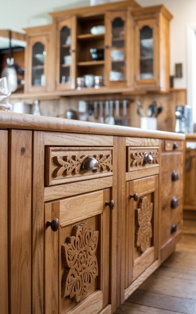 A photo of a fully-furnished alder kitchen with cabinets that have intricate rustic wood carvings. The cabinets are the focal point of the image and are shown in an eye-level shot. The background contains other kitchen appliances and utensils. The lighting is soft.