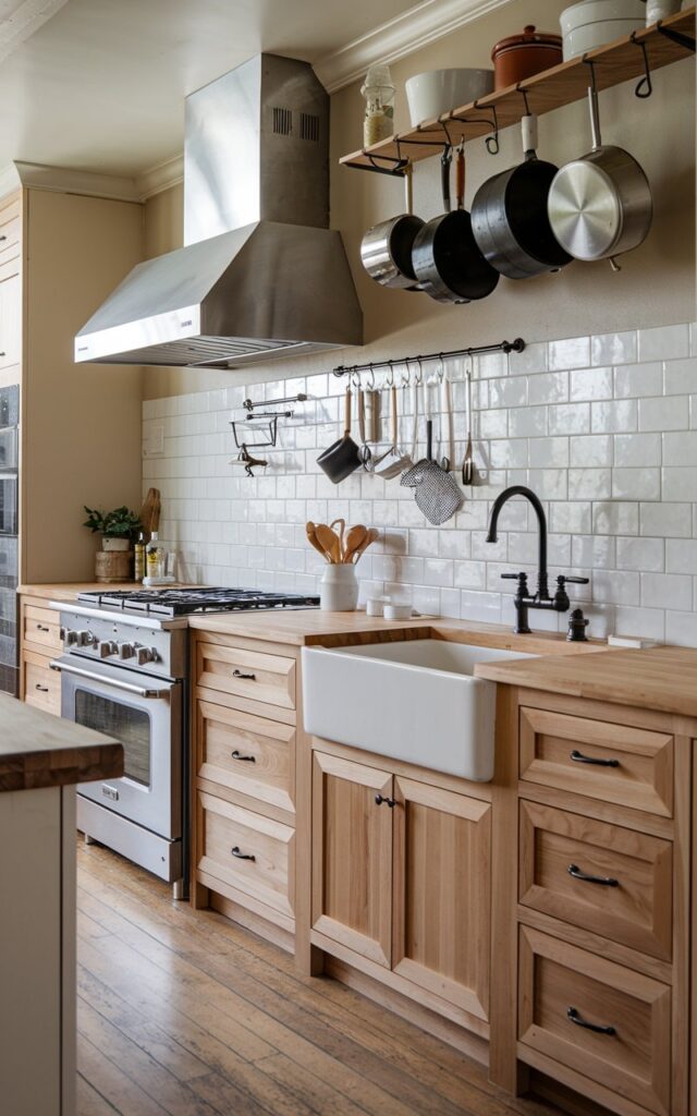 A photo of a farmhouse kitchen with alder cabinets and sleek, minimalist hardware. There is a white farmhouse sink and a black faucet. The countertops are made of butcher block. There is a stainless steel range hood above the stove. The floor is made of wood. There are pots and pans hanging above the sink. The walls are painted beige.