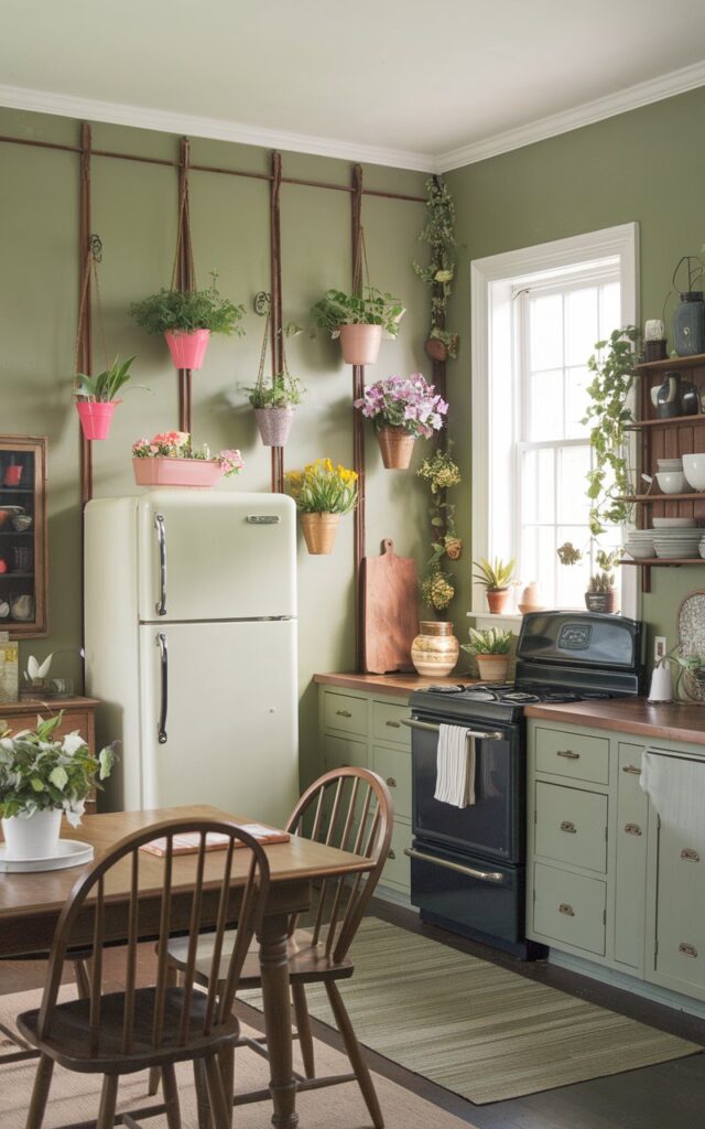 A photo of an Americana-style kitchen with a vertical garden. The wall has sage green paint and features hanging pots with plants and flowering plants. The kitchen is fully furnished with a wooden table, chairs, a stove, a refrigerator, and cabinets. There is a window near the refrigerator, and the floor is covered with a beige rug.