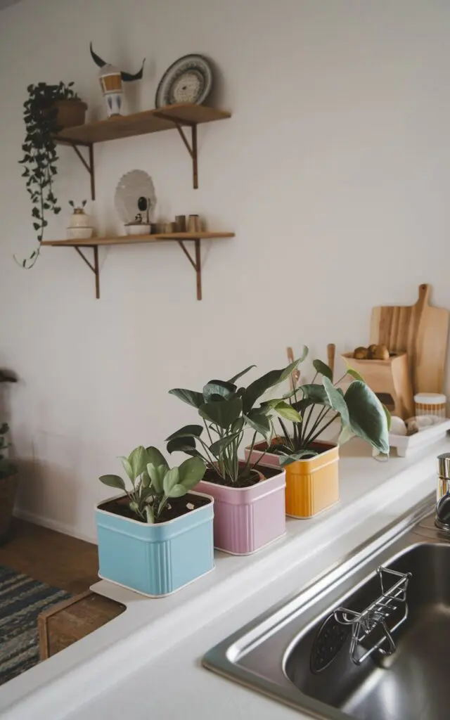 A photo of a minimalist Zen-style kitchen with a few mini potted plants in retro colorful tins. The plants are placed on the counter near the sink. The wall behind the plants has a few shelves with decorative items. The floor has a rug. The lighting is soft.