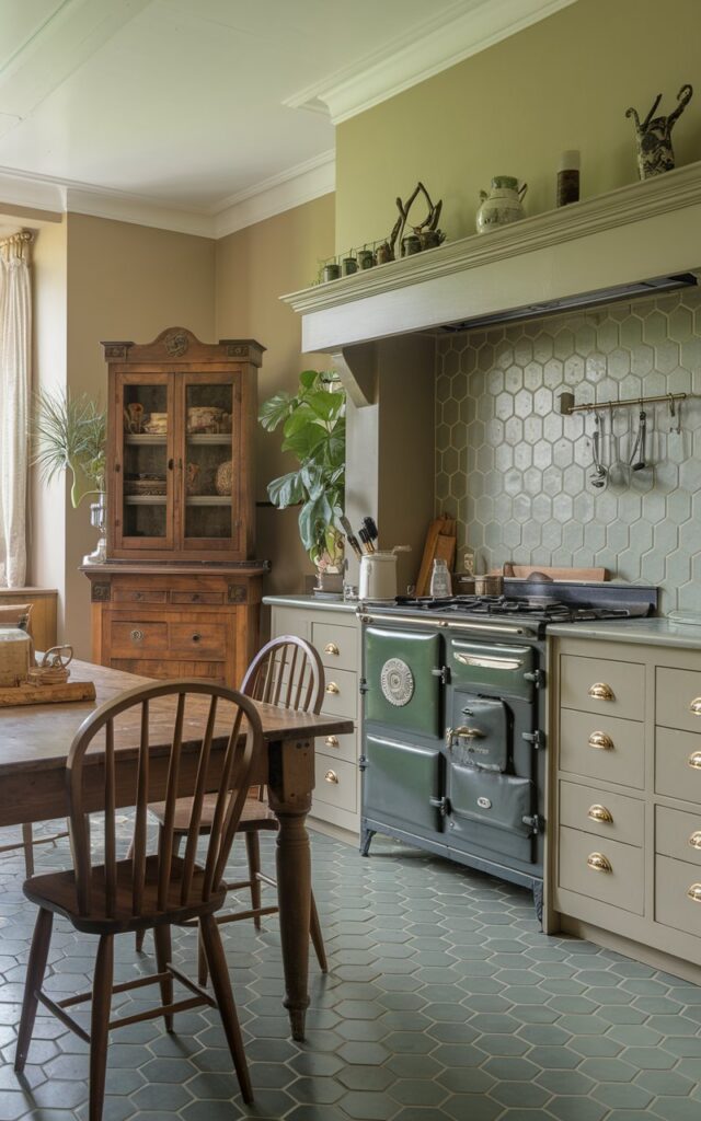 A photo of an English countryside kitchen with a vintage-inspired and luxurious look. The kitchen has sage green hexagonal tiles as a backsplash. The kitchen is fully furnished with a wooden table, chairs, a cabinet, and a stove. There is also a potted plant near the cabinet. The walls and cabinet have a beige color.