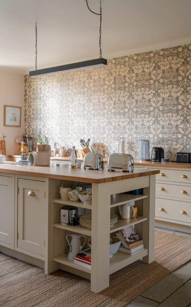 A photo of an English countryside kitchen with an open shelving on the side of the waterfall edge island. The island countertop has various essentials such as a toaster, a kettle, and a blender. The kitchen backsplash has a designed wallpaper with a floral pattern. There's a linear pendant light hanging over the island. The floor has a woven rug. The photo is taken from a corner angle and has even lighting.