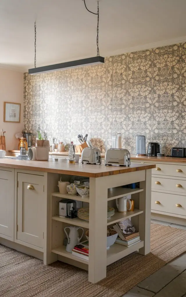 A photo of an English countryside kitchen with an open shelving on the side of the  waterfall edge island. The island countertop has various essentials such as a toaster, a kettle, and a blender. The kitchen backsplash has a designed wallpaper with a floral pattern. There's a linear pendant light hanging over the island. The floor has a woven rug. The photo is taken from a corner angle and has even lighting.