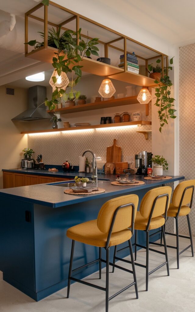 A photo of an art deco and Asian Zen-style kitchen island with a navy blue countertop. The island is fully furnished with essentials, including a sink, stove, and cabinets. There are also plants on the island. The lighting is soft and warm. The seating area has mustard yellow chairs, which contrast with the navy blue countertop. The background is a wall with a patterned texture.