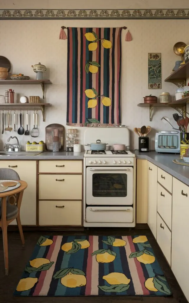 A photo of an art deco fully-furnished kitschy kitchen. There's a rug with patterns like lemons and stripes in bold colors. A wall hanging has a similar pattern. There are various kitchen appliances, utensils, and items. The walls have a decorative border.