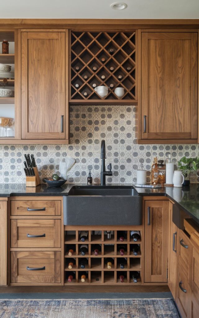 A photo of an art deco+ modern fully-furnished alder kitchen with alder cabinets and an open wine rack beneath a matte black sink. The kitchen has a contrasting backsplash with patterns. The countertops hold essential items. The focus is on the cabinets and wine rack. There is a rug on the floor.