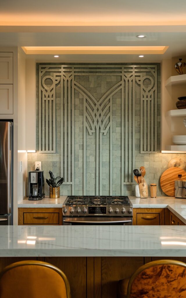 A photo of an art deco modern kitchen with a sage green backsplash in an intricate design. The countertop is white marble, and the appliances are stainless steel. The room has warm lighting. The photo is taken from an eye-level shot.